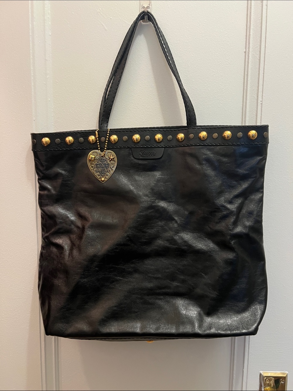 Gucci Black Leather Tote with Gold Studs and Heart Charm